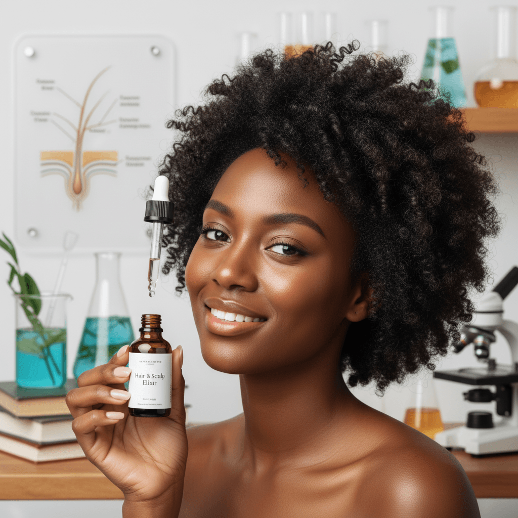 Close-up of healthy hair follicles and a hand applying a clear serum to the scalp, symbolizing effective hair growth solutions.