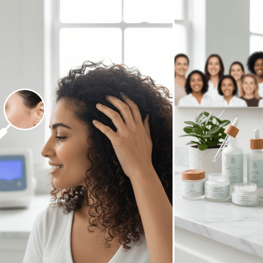 Person looking thoughtfully at their hair in a mirror, conveying the emotional impact of hair loss.