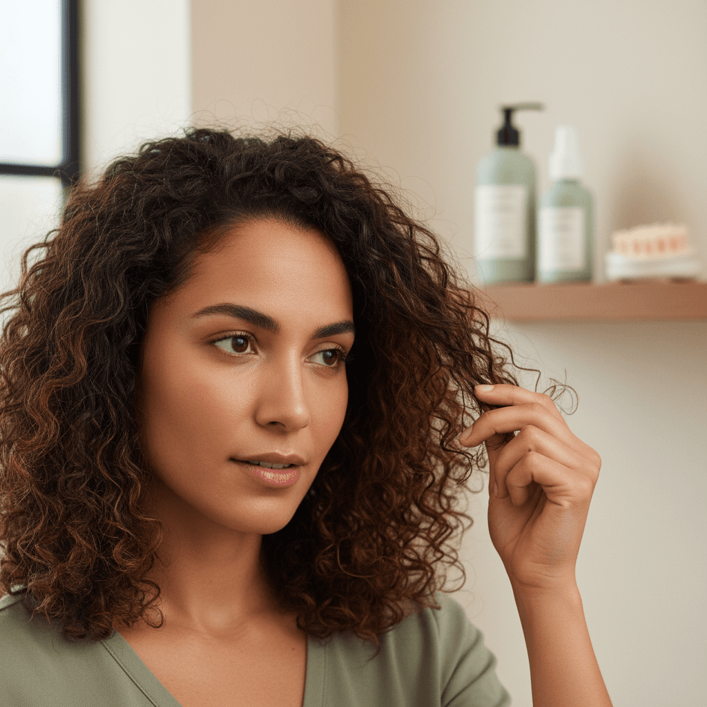 Woman looking at her hair, concerned about shedding