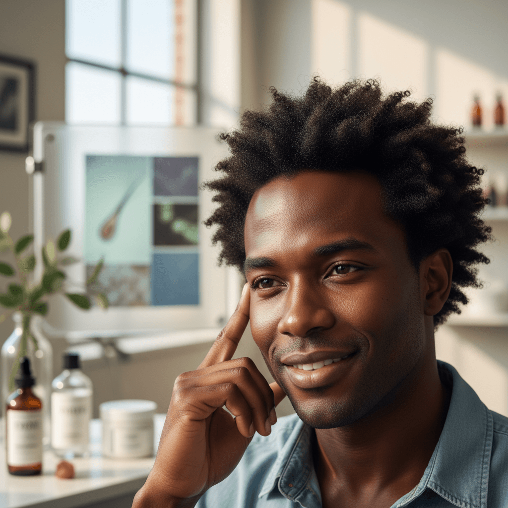 Person gently applying Bomi Hair Growth Serum to scalp, focusing on a thinning part line, demonstrating subtle and effective application.