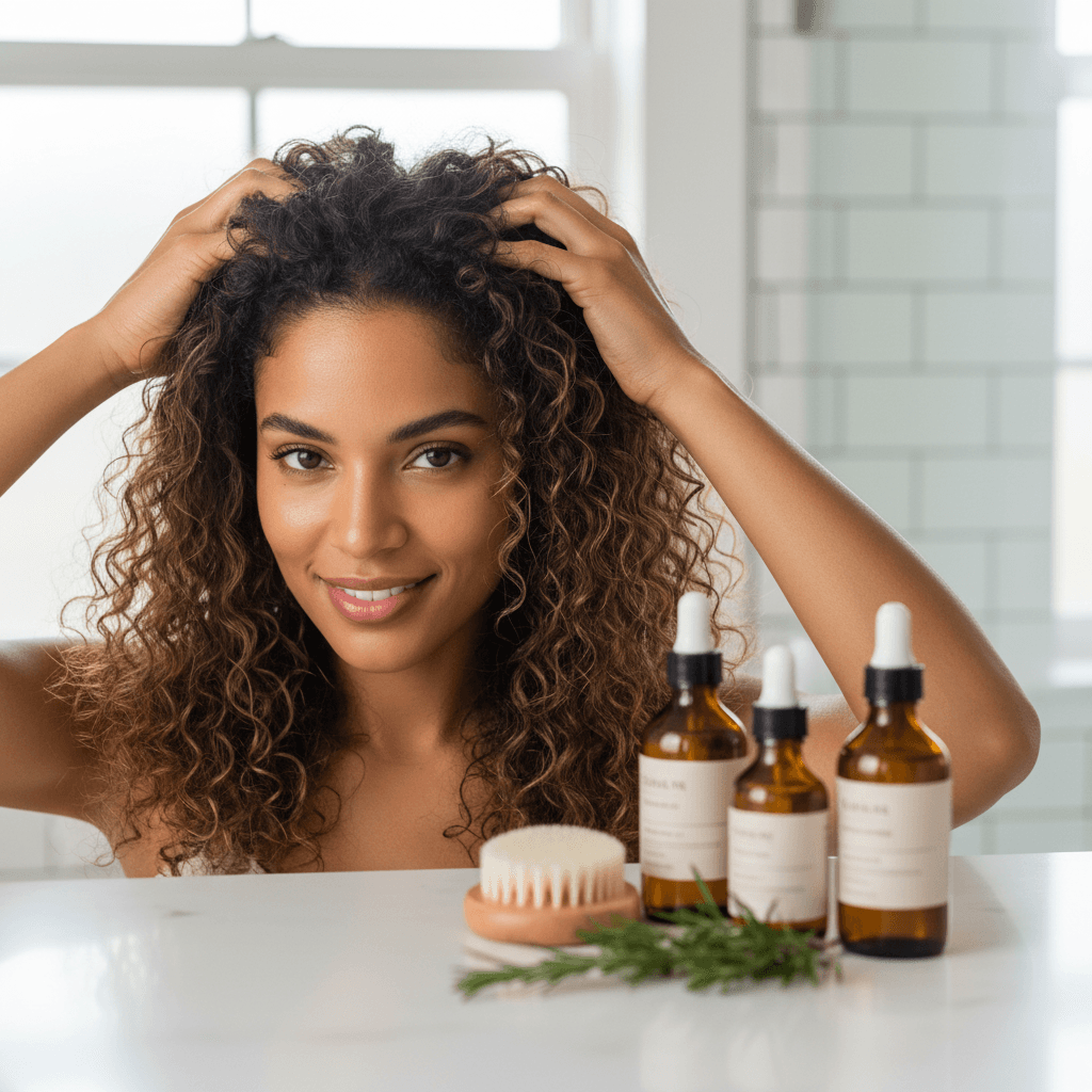 Person subtly styling hair to hide thinning, with a bottle of Bomi Hair Labs Serum in the background.