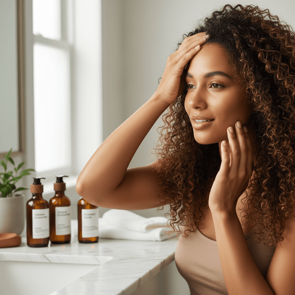 A person applying Bomi Hair Growth Serum to their scalp, focusing on the hairline.