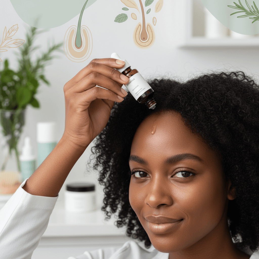 A person gently applying Bomi Hair Growth Serum to their scalp, focusing on thinning areas, with healthy hair in the background.