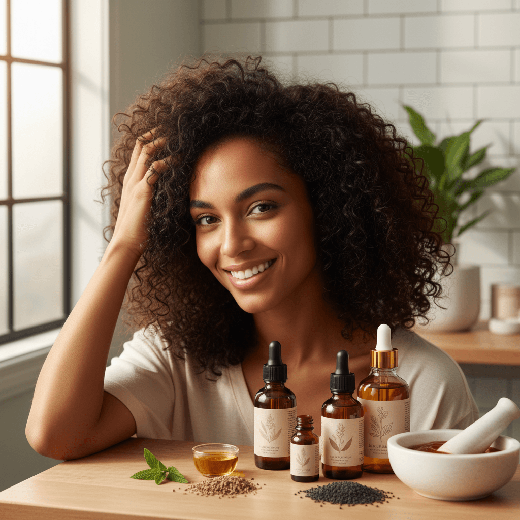 Close-up of healthy hair strands and a bottle of Bomi Hair Growth Serum, symbolizing natural regrowth with an oil.