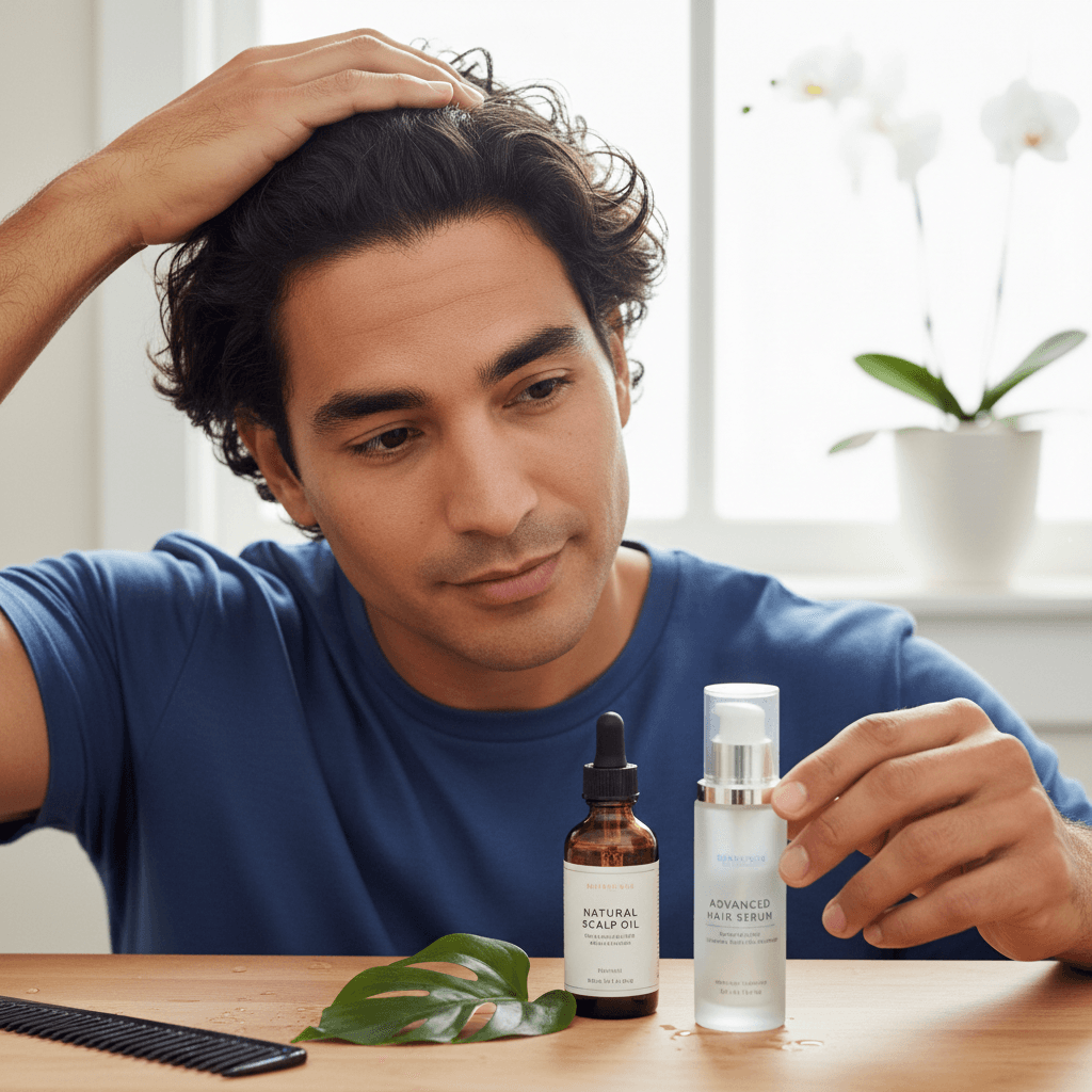 A person applying a clear, lightweight serum to their scalp, with healthy hair strands visible.