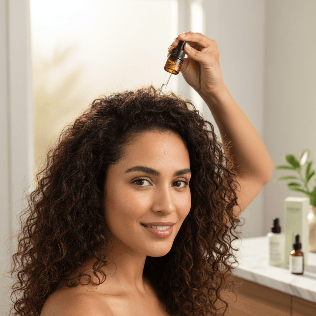Close-up of hair showing thinning and a hand applying Bomi Hair Growth Serum to the scalp