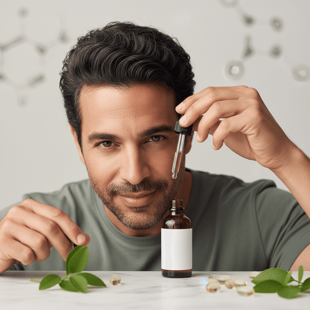 Close-up of a person gently touching their thinning hair, looking concerned, with a bottle of Bomi Hair Growth Serum in the background.
